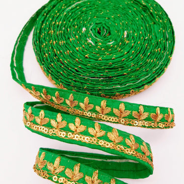 Green Art Silk Trim with Gold Floral Embroidery and Gold Sequins Indian Sari Border Trim By 3 Yards Decorative Trim Craft Lace